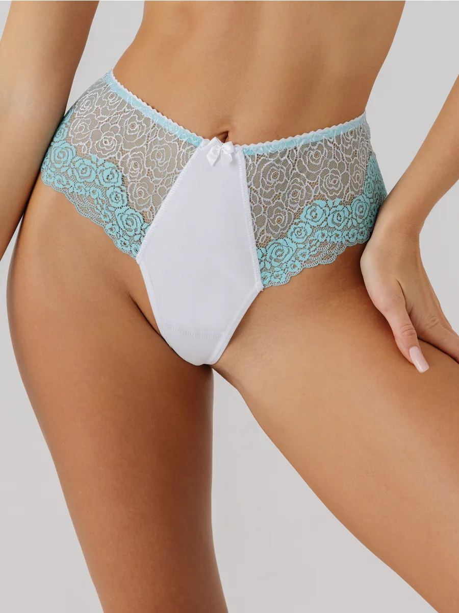 Трусы с высокой посадкой кружевные стринги бразильяна белый/бирюзовый