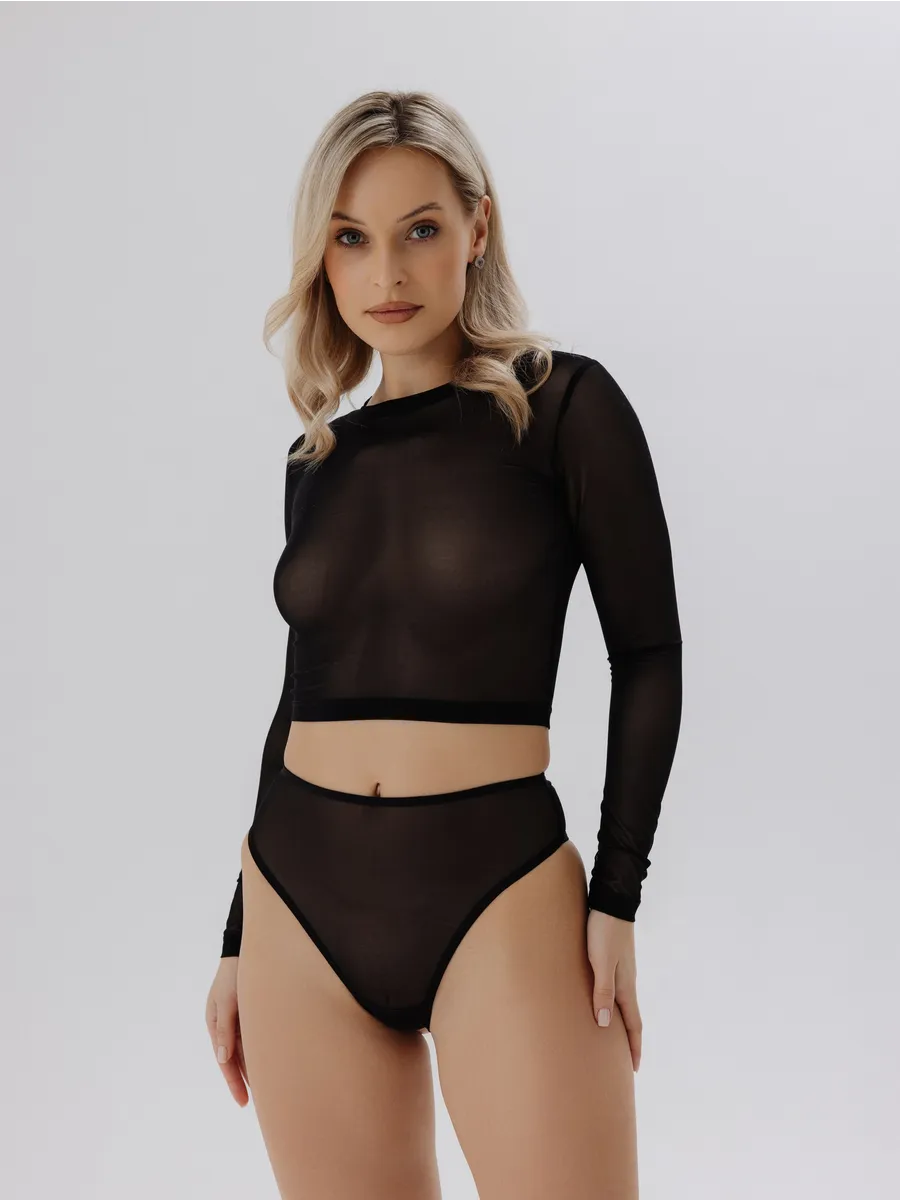 Лонгслив облегающий укороченный прозрачный сетка черный