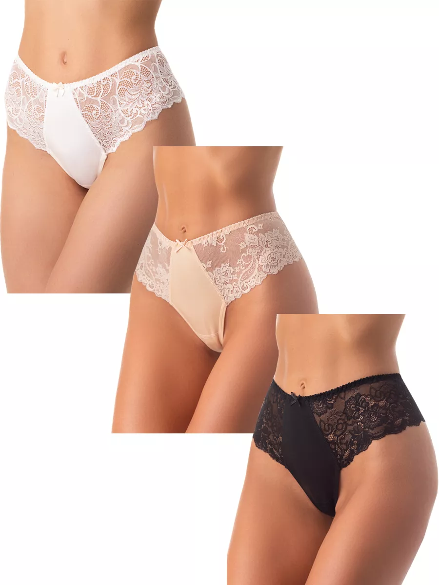 Набор комплект кружевные стринги бразильяна молочный/бежевый/черный