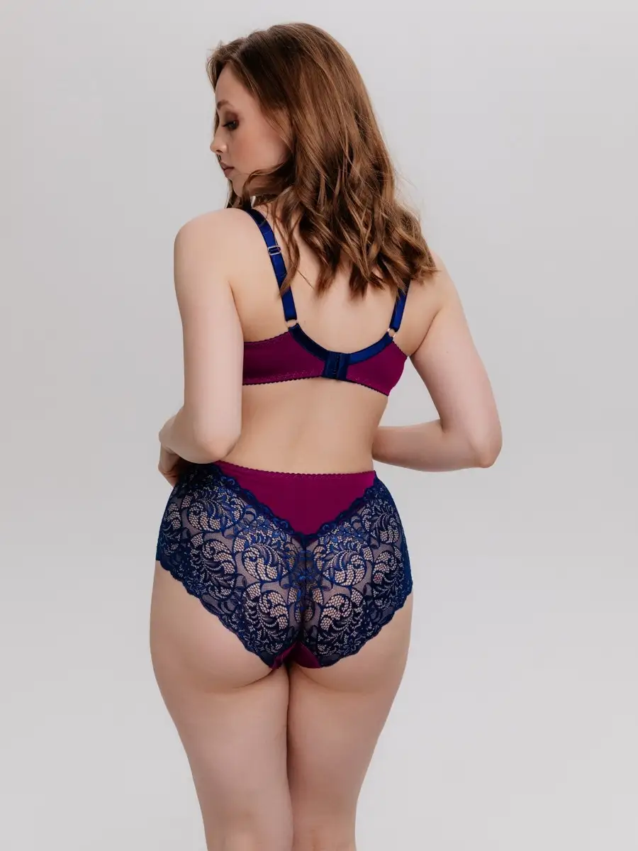 Трусы больших размеров высокие хлопок кружевные сливовый/синий