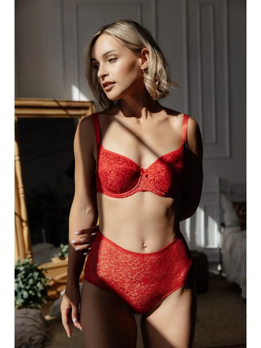 Трусы макси кружевные высокие прозрачные слипы красный