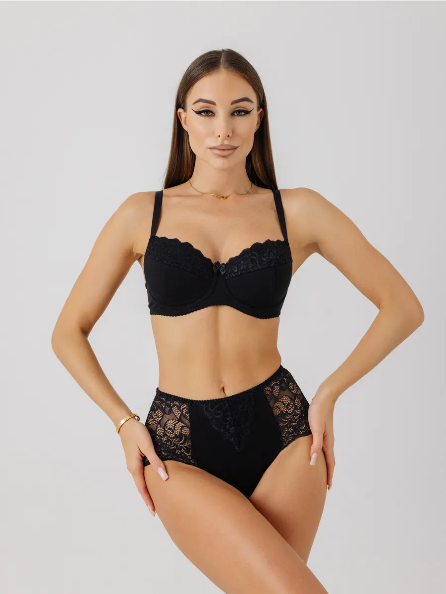 Трусы с высокой посадкой кружевные слипы черный