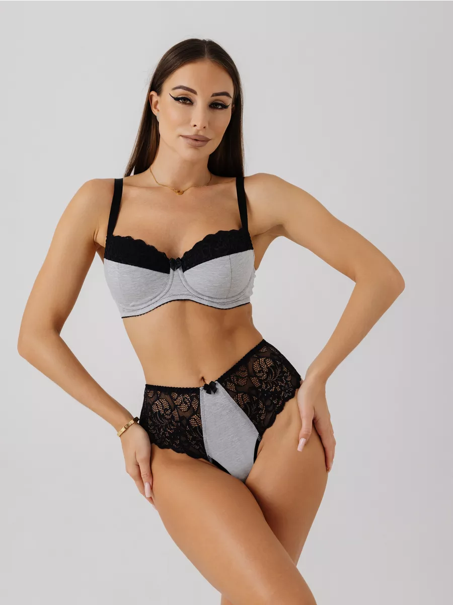 Трусы с высокой посадкой кружевные стринги бразильяна серыймеланж/черный