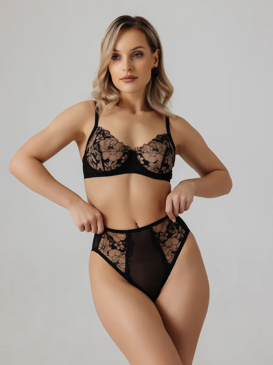 Трусы с высокой посадкой слипы прозрачные сетка с кружевом черный