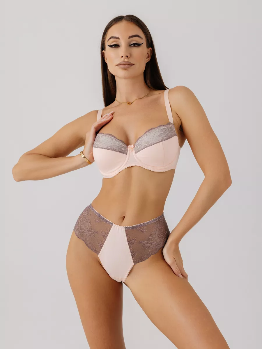 Трусы с высокой посадкой кружевные стринги бразильяна персиковый/серый