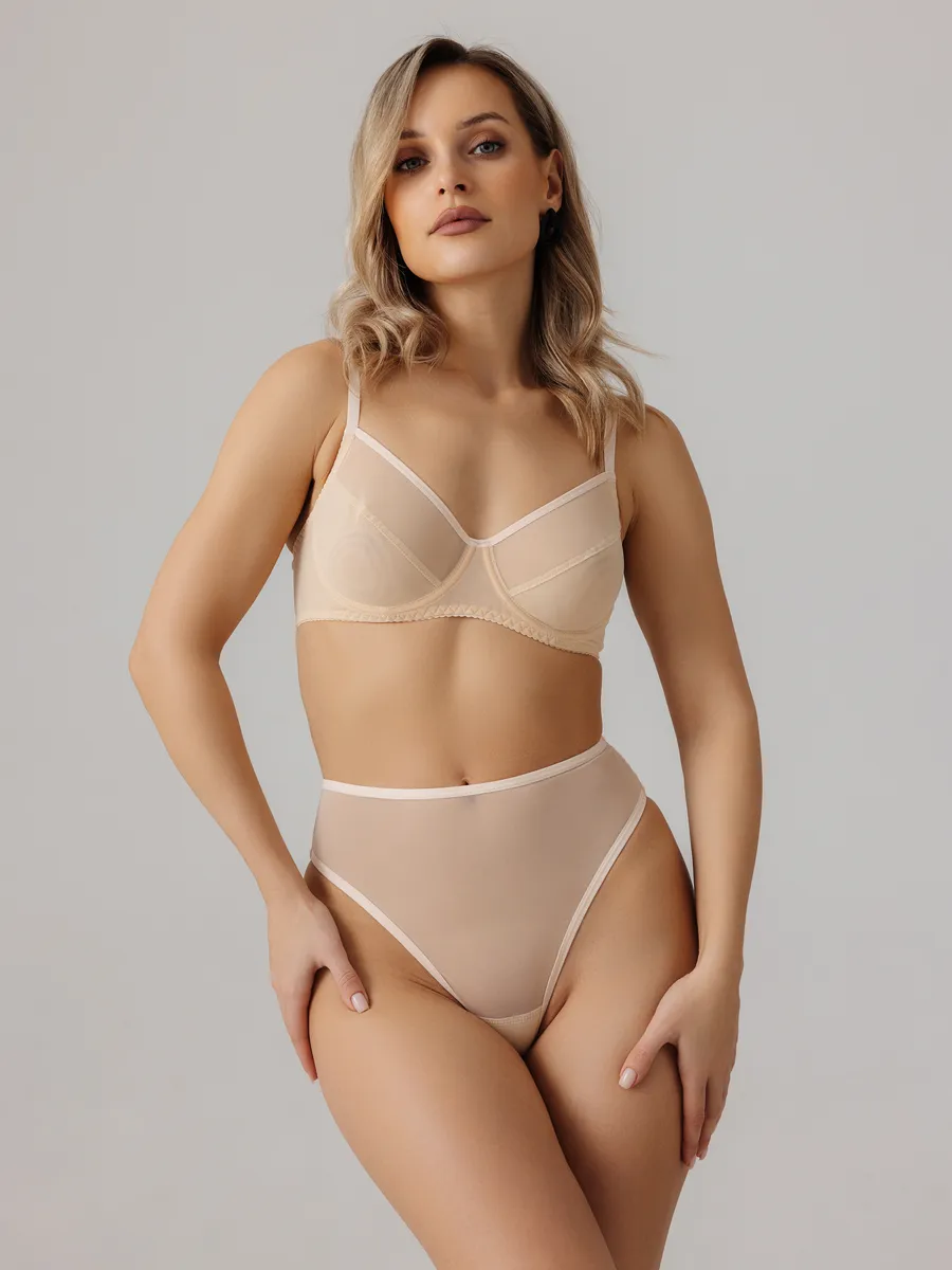 Трусы с высокой посадкой прозрачные стринги из сетки бежевый