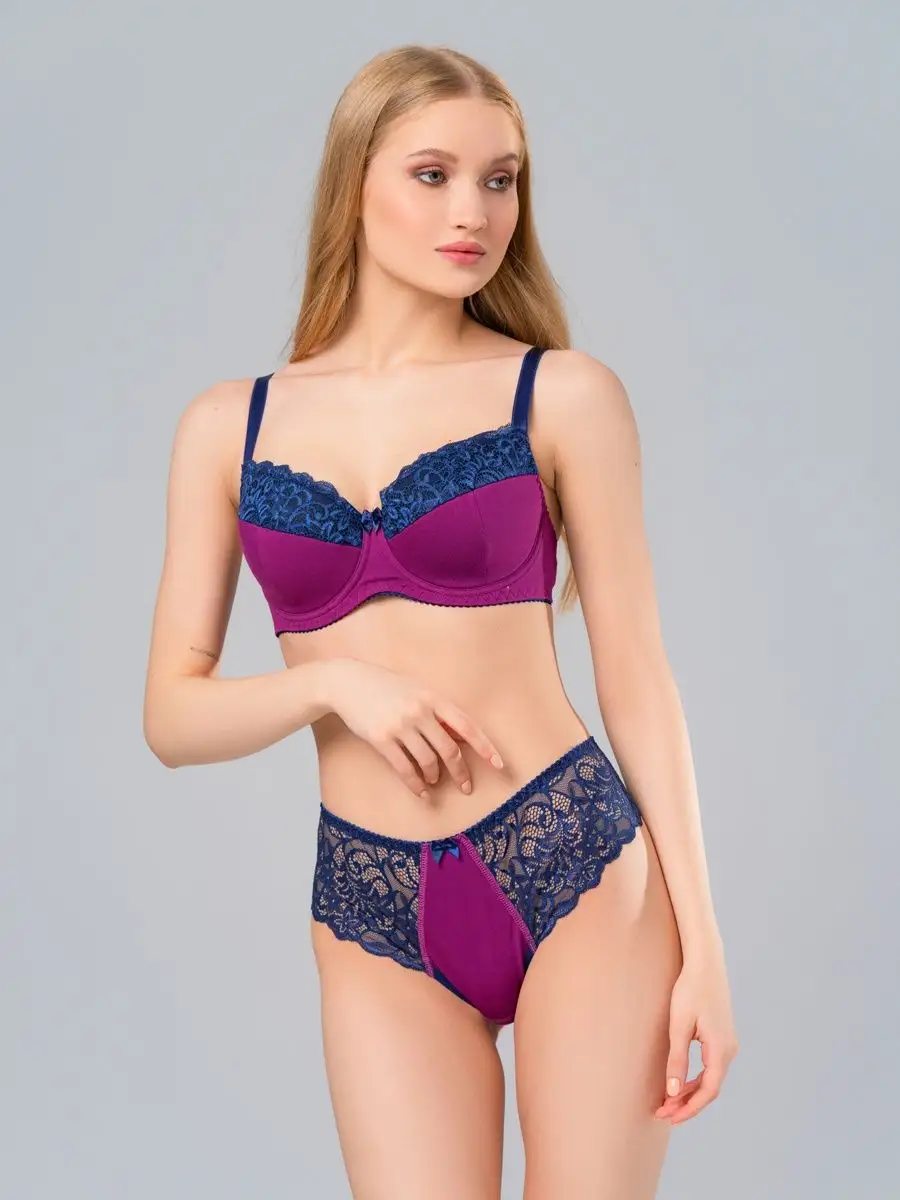 Трусы набор кружевные стринги 2 шт слива-синий/слива-синий