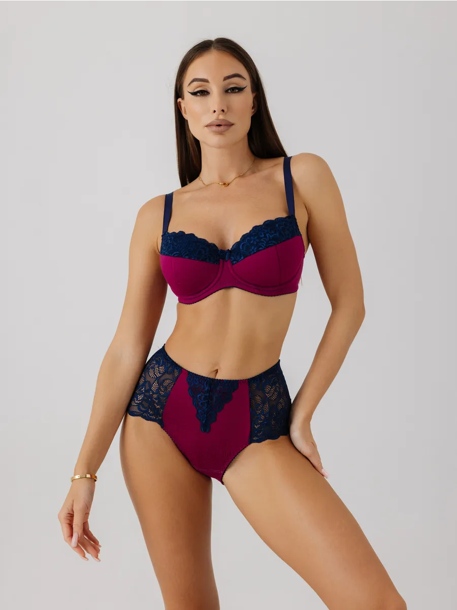 Трусы с высокой посадкой кружевные слипы темно-синий/сливовый