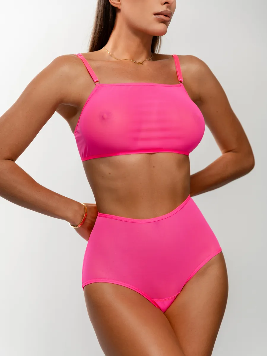 Бюстгальтер топ без косточек прозрачный сексуальный сетка розовый_неон