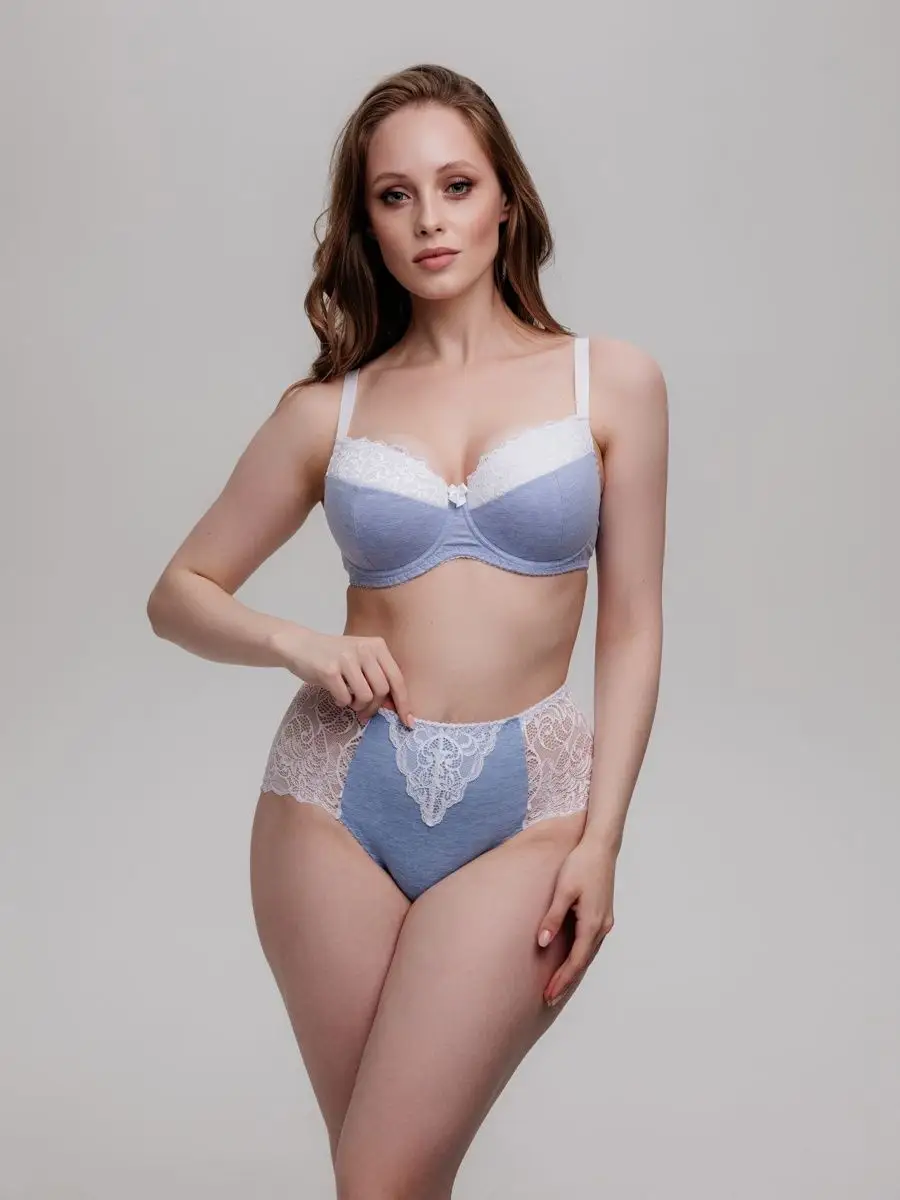 Трусы больших размеров высокие хлопок кружевные голубоймеланж/белый