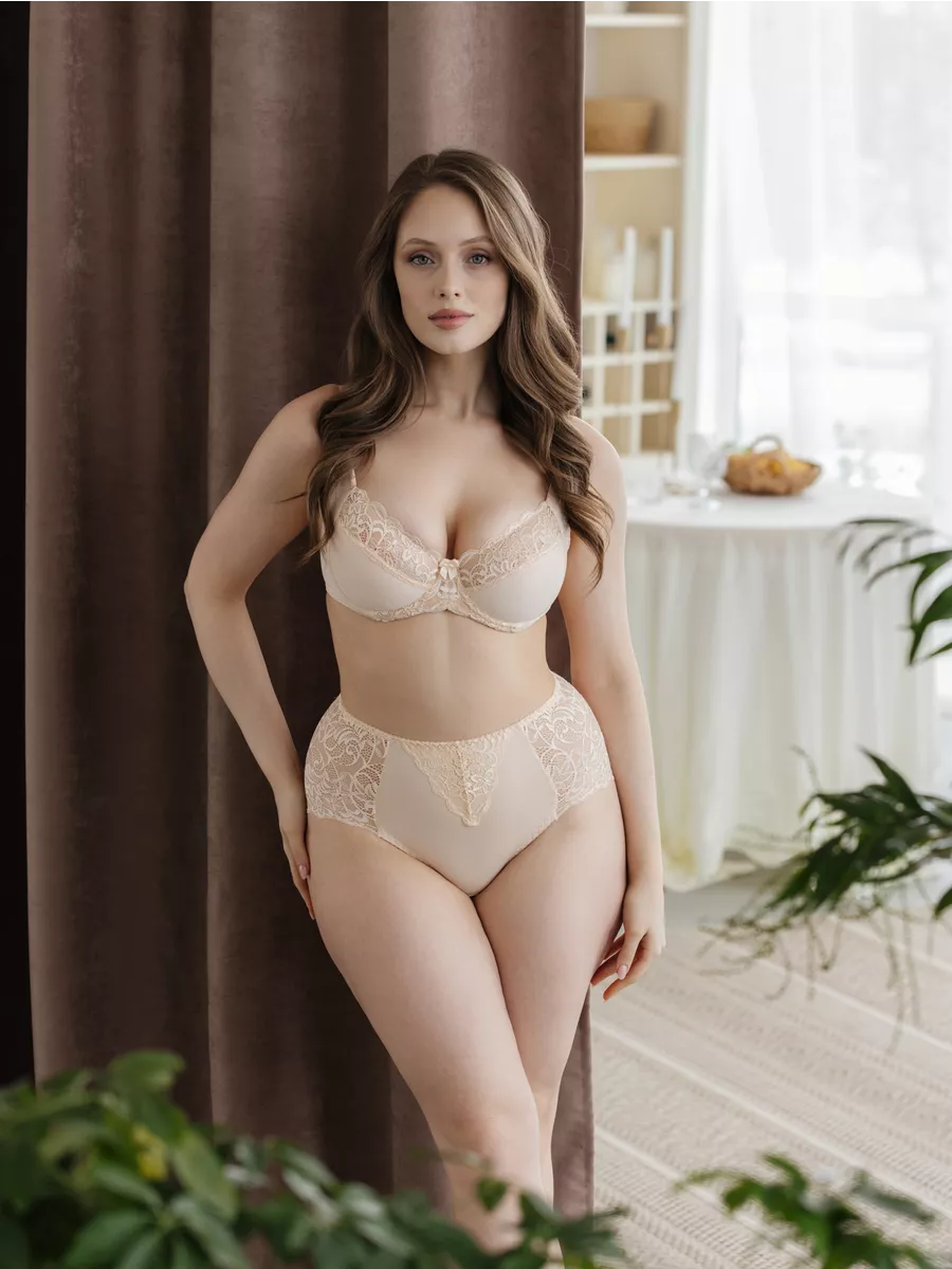 Трусы больших размеров высокие хлопок кружевные бежевый