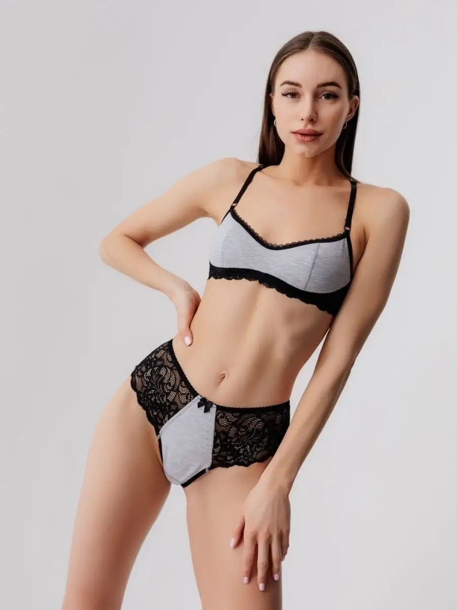 Трусы набор 3 шт кружевные стринги бразильяна серый/белый/серый/черный/темно-серый