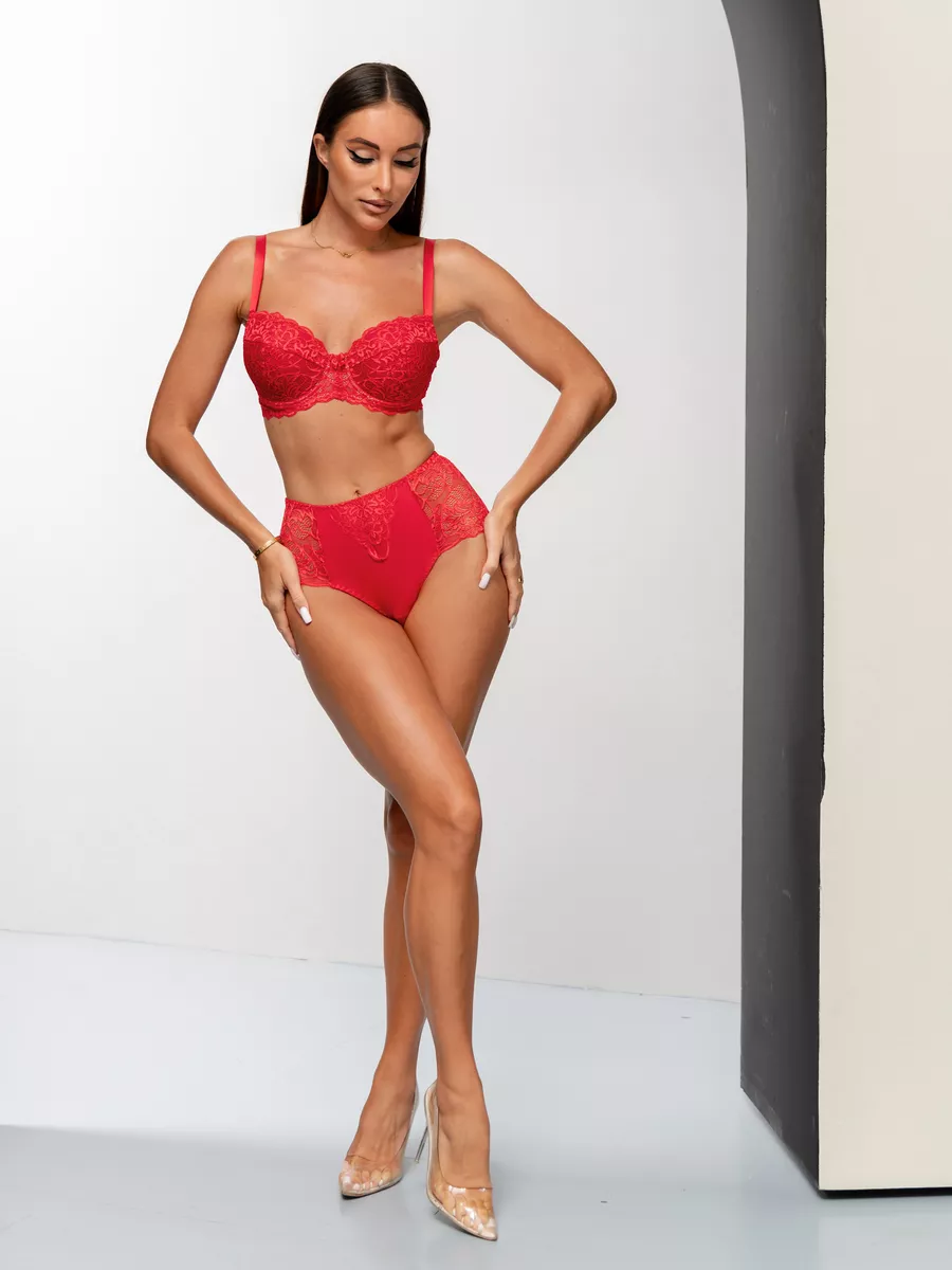 Трусы с высокой посадкой кружевные слипы красный