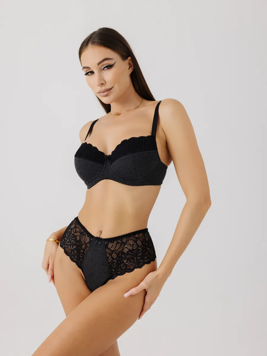 Трусы с высокой посадкой кружевные стринги бразильяна темно-серыймеланж/черный