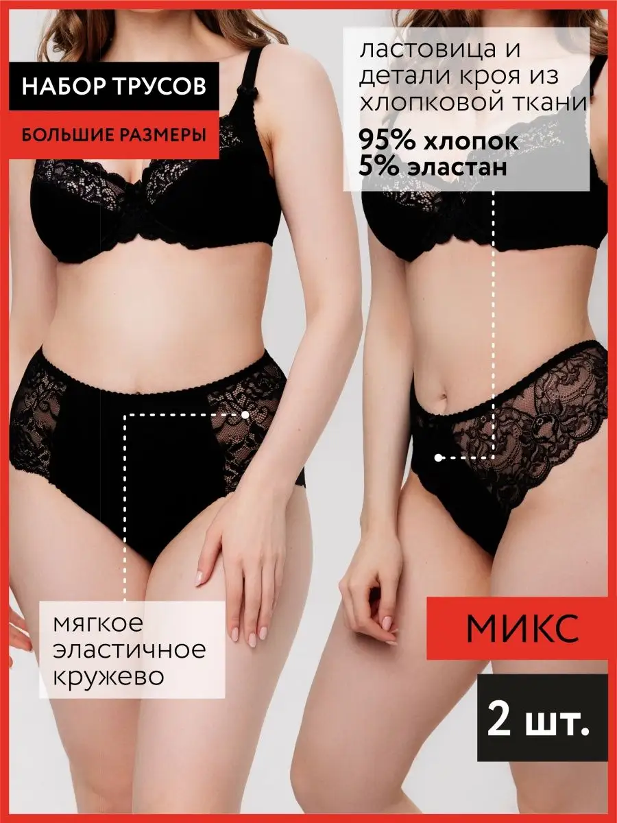 Набор комплект трусов слипы кружевные высокая талия 29014/черный