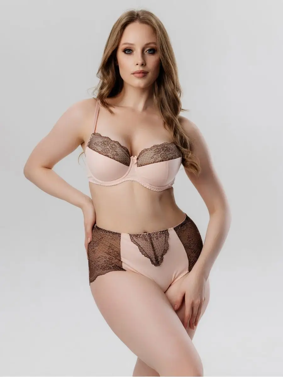 Трусы больших размеров высокие хлопок кружевные коричневый/персиковый