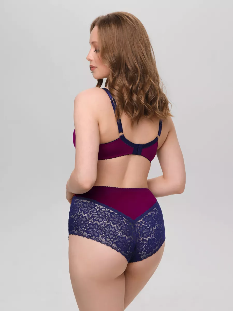Трусы высокие кружевные слипы большие размеры сливовый/синий