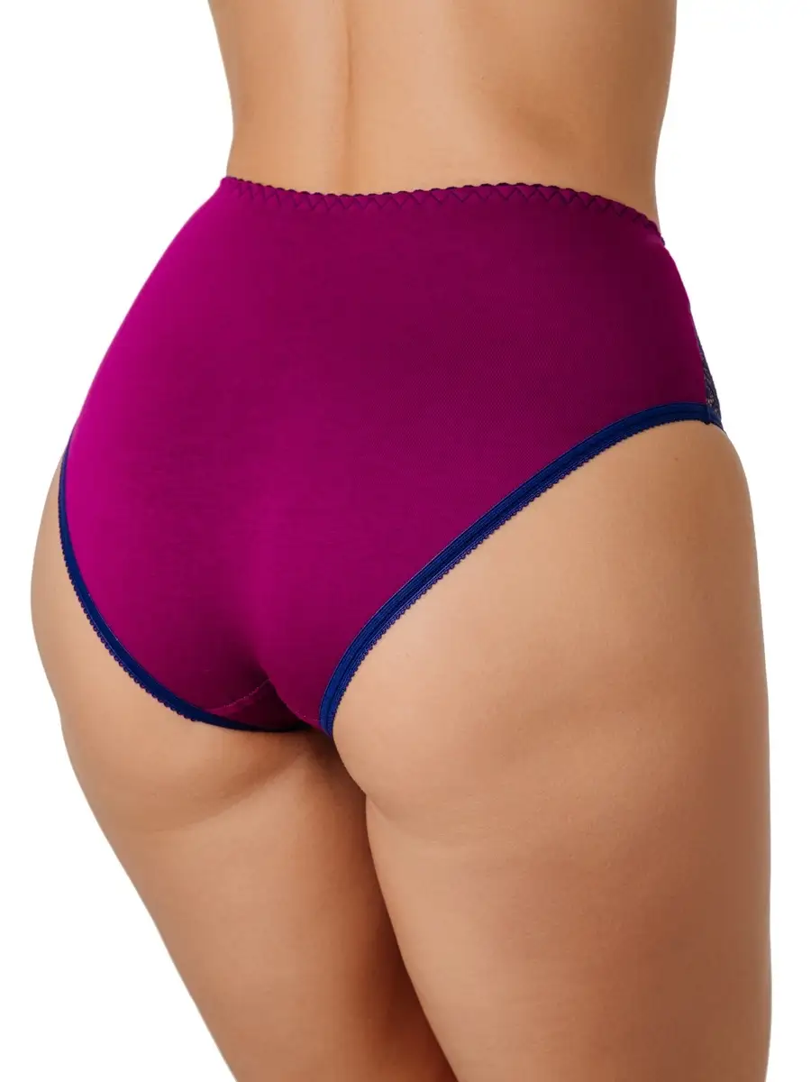 Трусы высокие хлопковые с кружевом сливовый/синий
