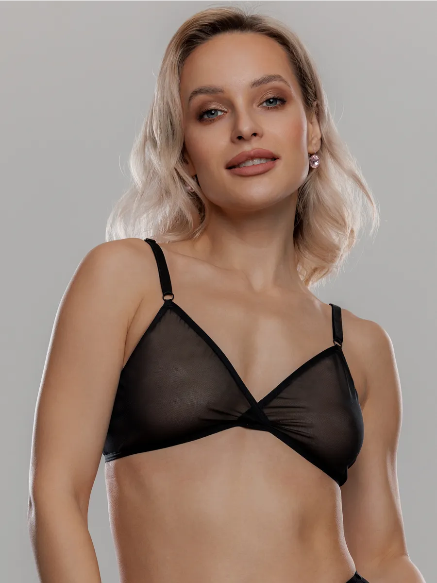 Бюстгальтер без косточек из сетки прозрачный черный