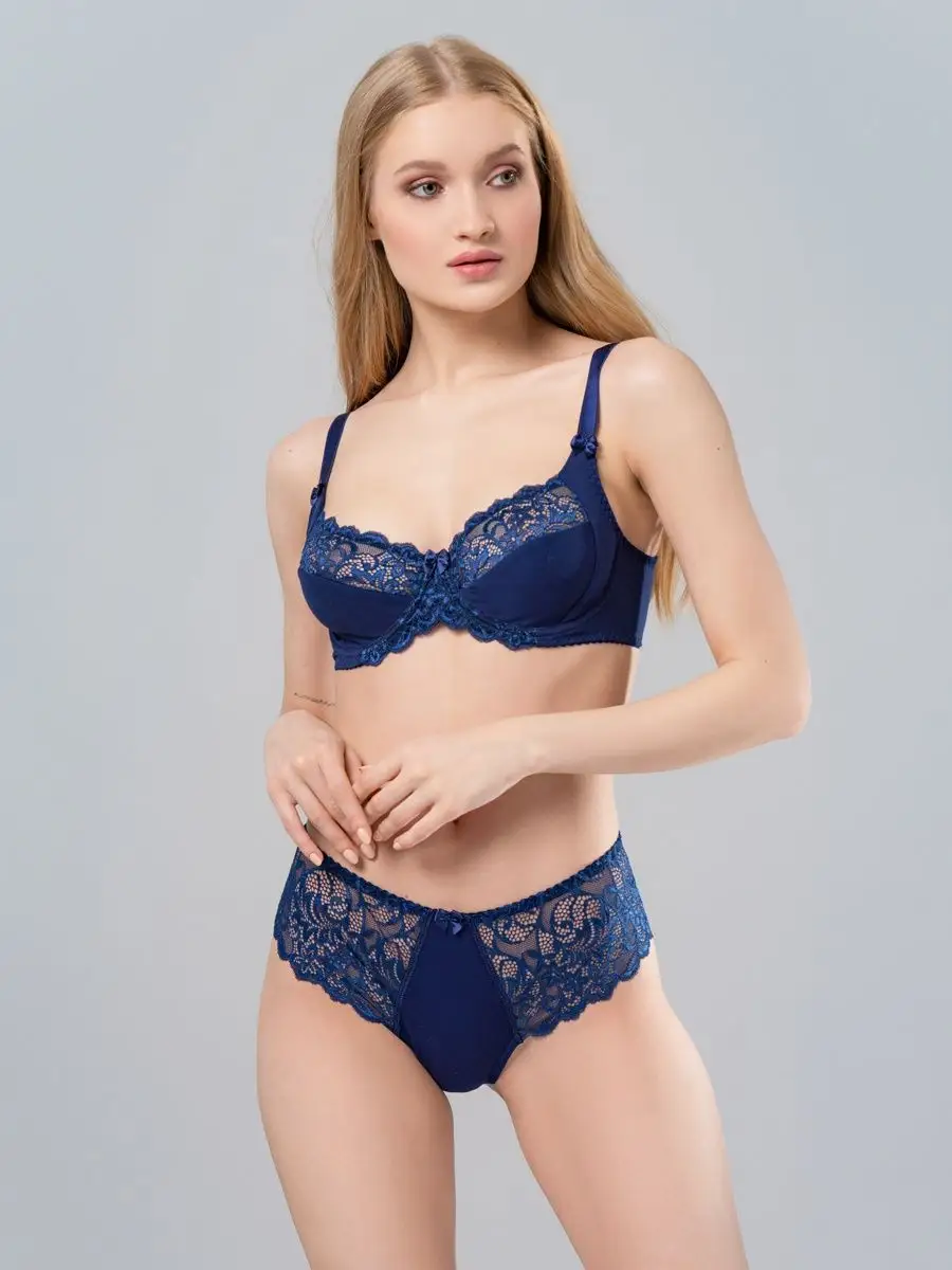 Набор хлопковых трусов: кружевные стринги 2 штуки синий/синий