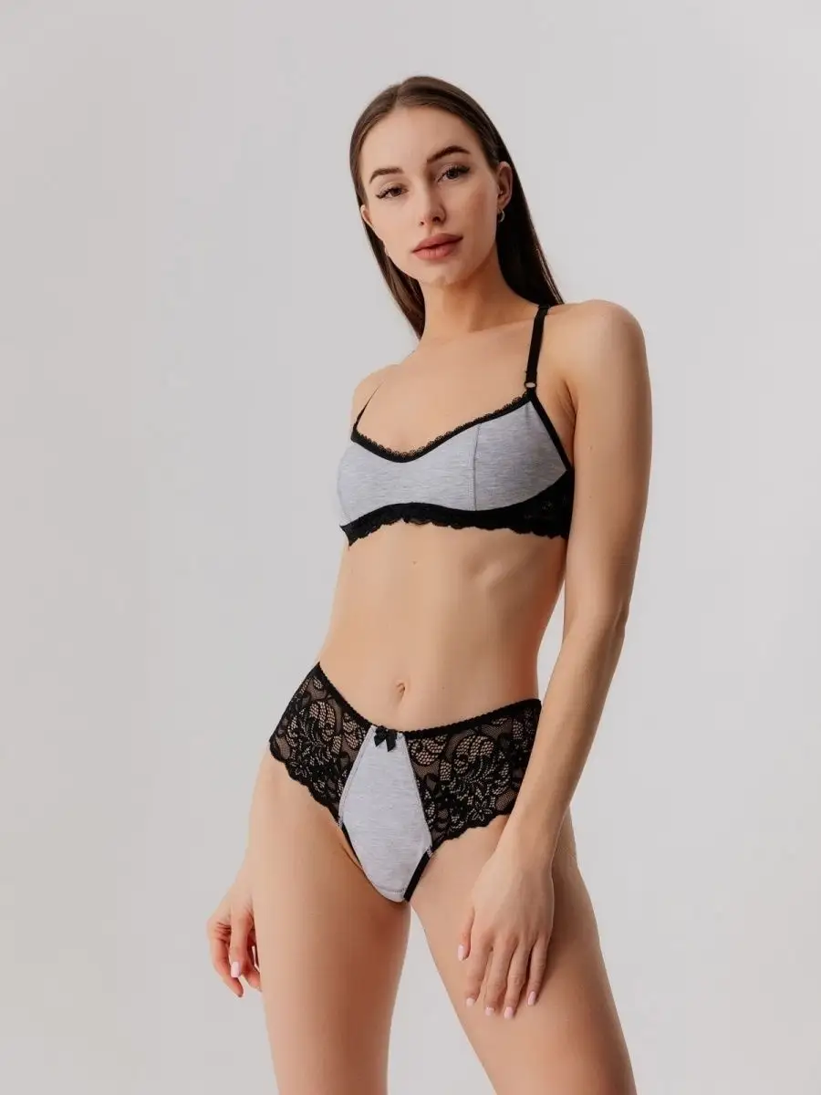 Трусы набор 3 шт кружевные стринги бразильяна серый/белый/серый/черный/темно-серый
