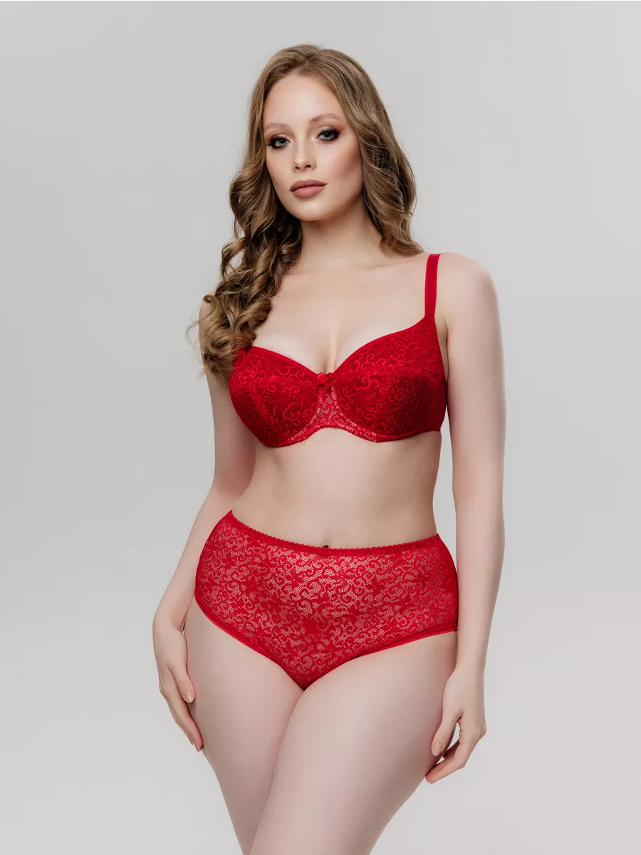 Трусы высокие хлопковые с кружевом красный