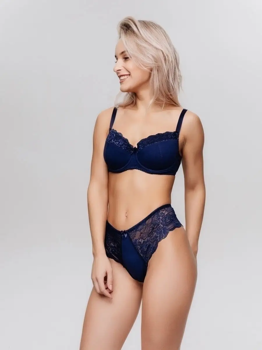 Трусы набор 3 шт кружевные стринги бразильяна сливовый/синий/красный