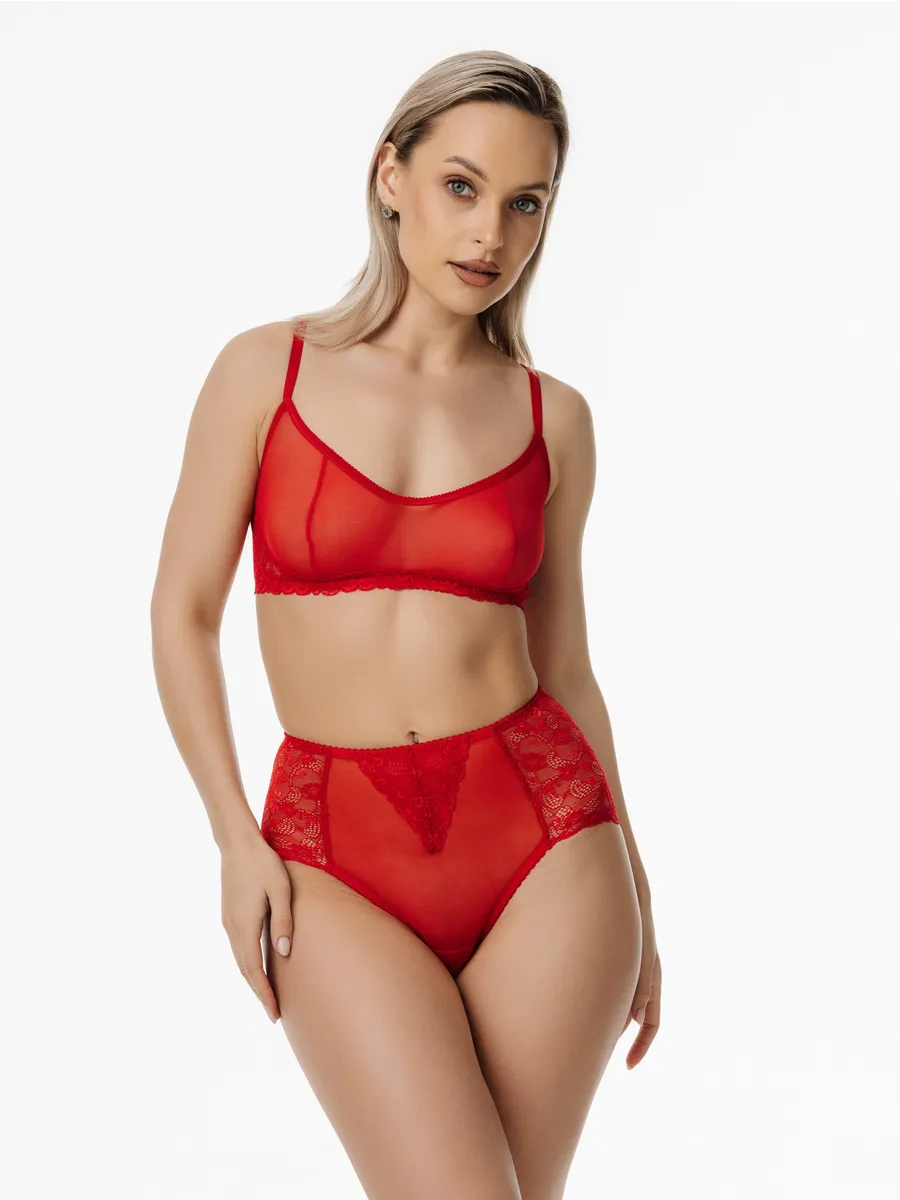 Трусы с высокой посадкой кружевные слипы красный