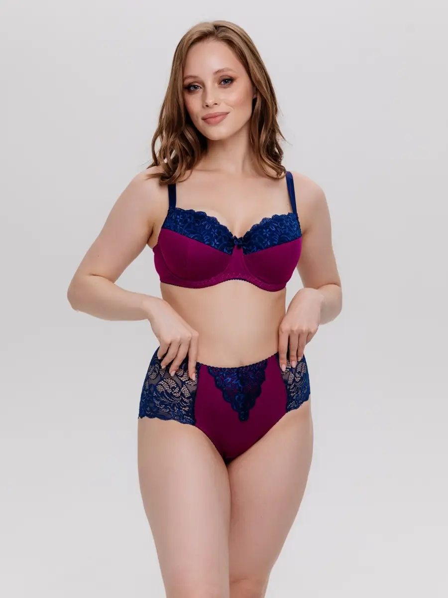 Трусы больших размеров высокие хлопок кружевные сливовый/синий