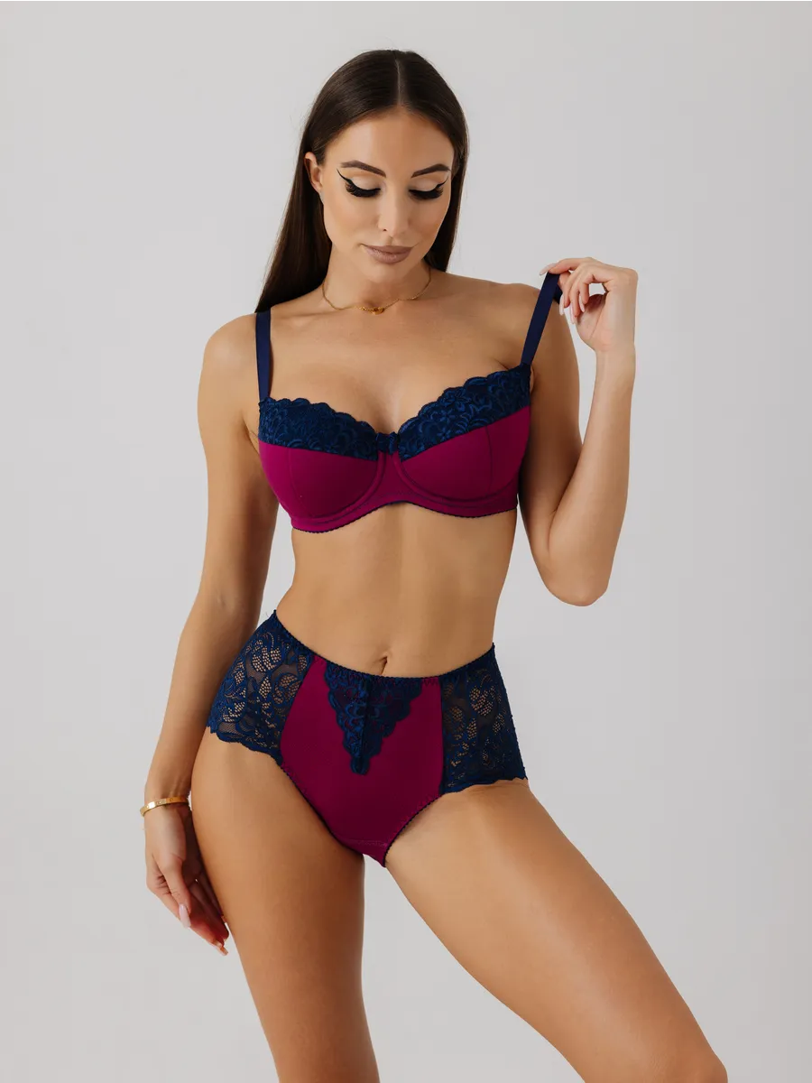 Набор комплект трусов слипы кружевные высокая талия сливовый/синий//сливовый/синий/