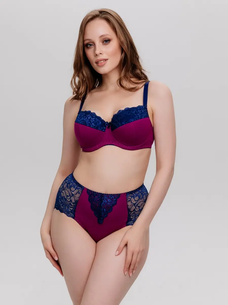 Трусы больших размеров высокие хлопок кружевные сливовый/синий
