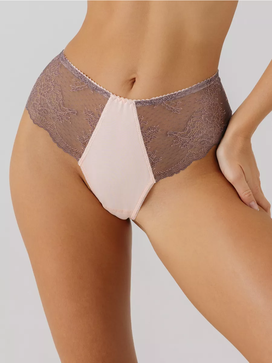 Трусы с высокой посадкой кружевные стринги бразильяна персиковый/серый