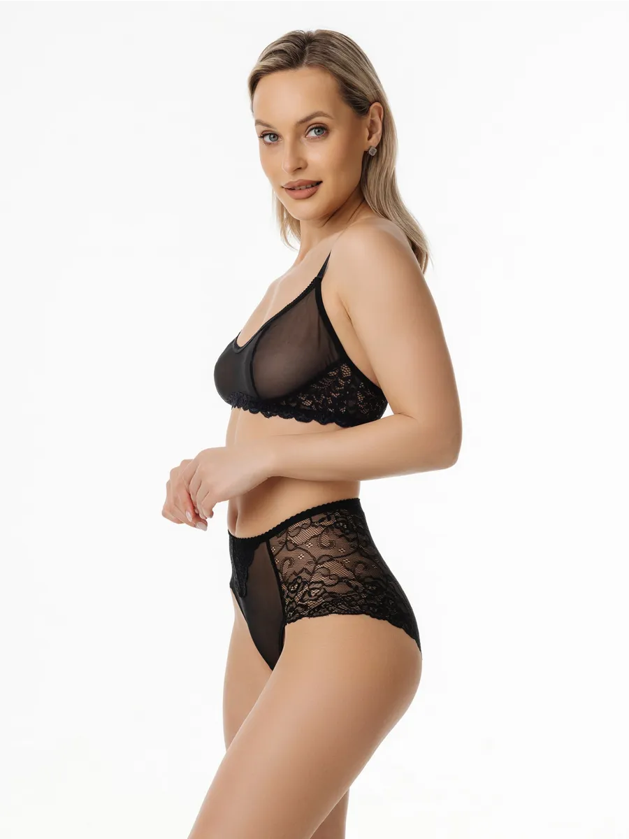 Трусы с высокой посадкой кружевные слипы черный