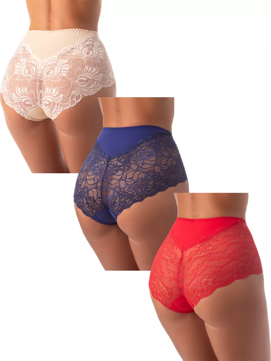Трусы набор 3 шт кружевные с высокой посадкой бежевый/синий/красный