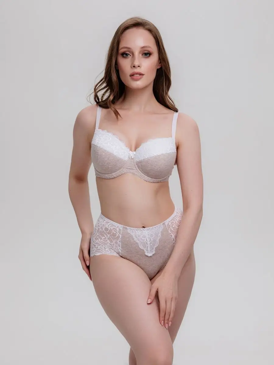 Трусы больших размеров высокие хлопок кружевные бежевыймеланж/белый