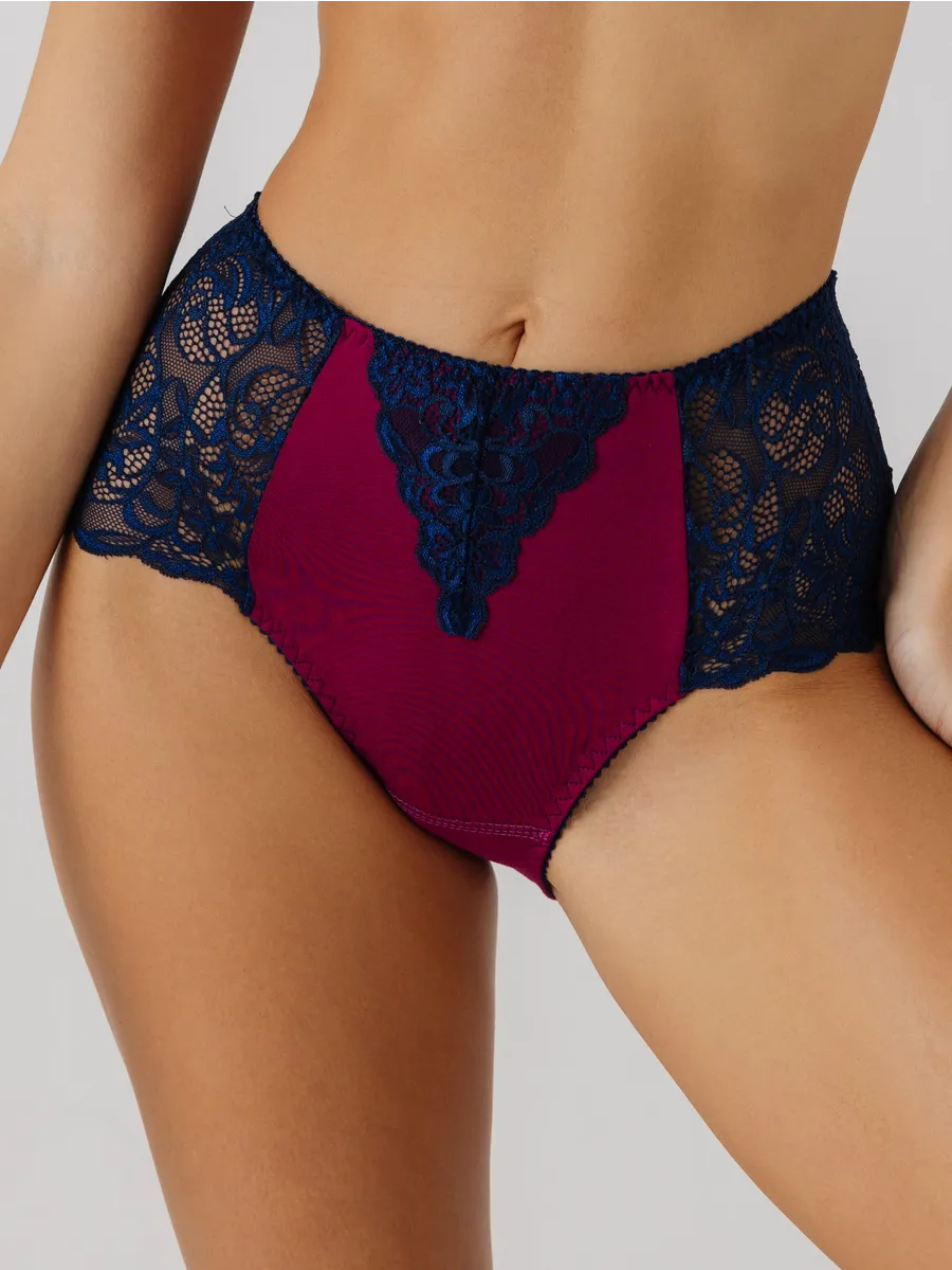 Трусы набор 3 шт кружевные с высокой посадкой слив.син/слив.син/слив.син
