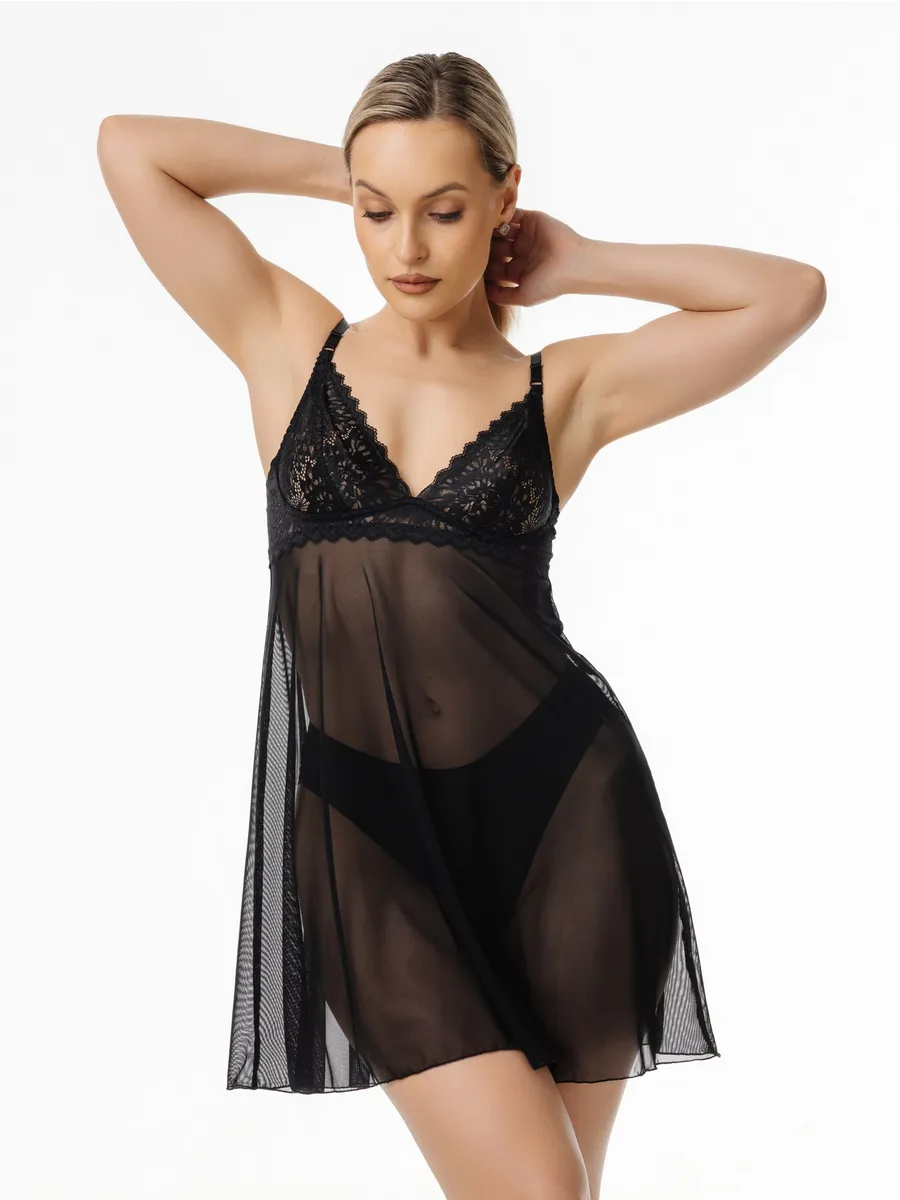 Ночная сорочка с кружевом прозрачная ночнушка черный