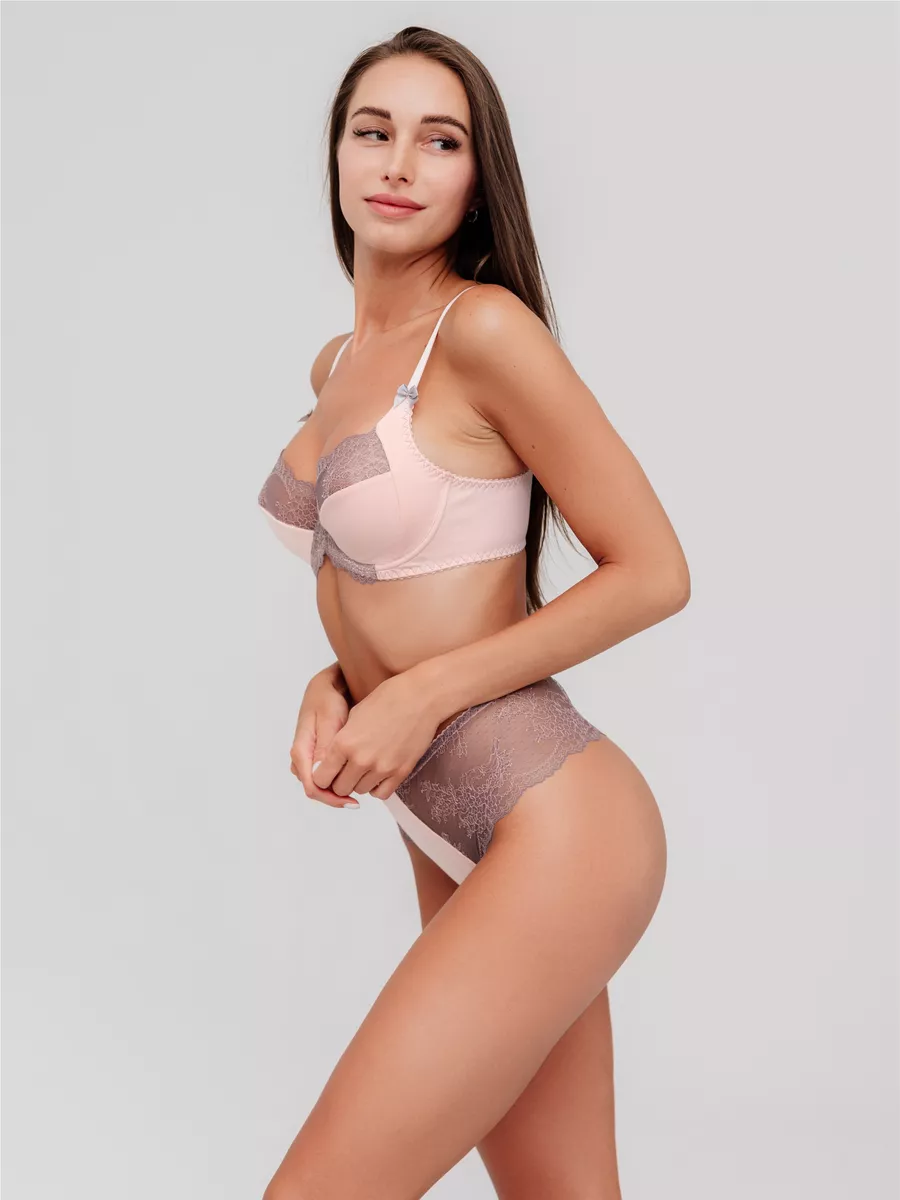 Трусы стринги бразильяна хлопок кружевные мини персиковый/серый