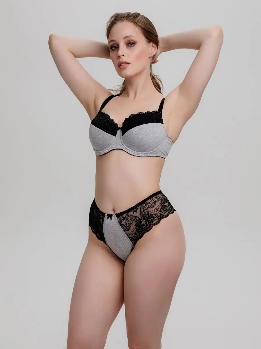 Трусы женские стринги кружево высокая талия для пышных форм серыймеланж/черный