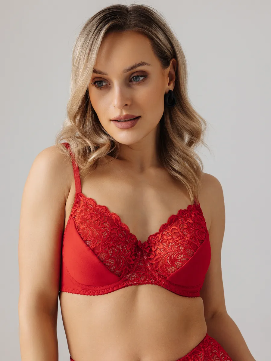 Бюстгальтер без поролона кружевной с мягкой чашкой красный