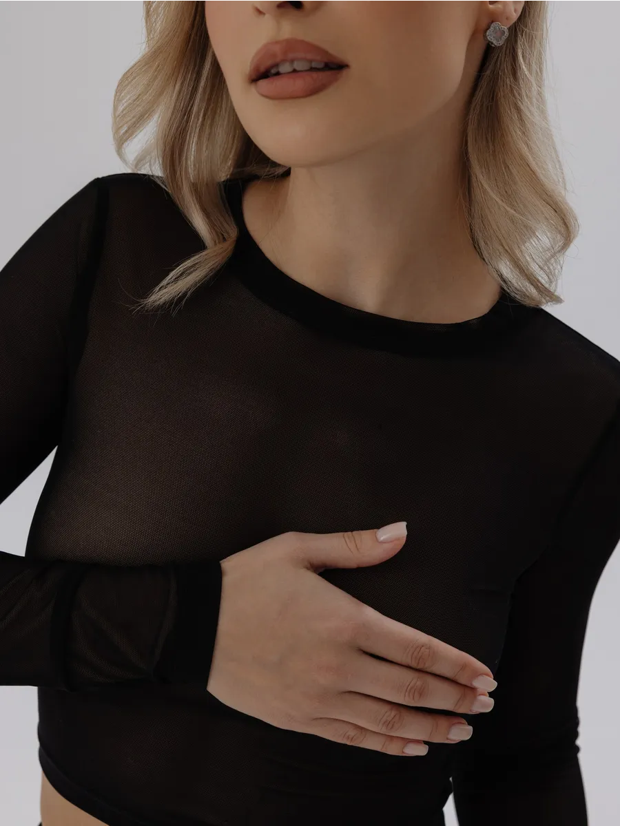 Лонгслив облегающий укороченный прозрачный сетка черный