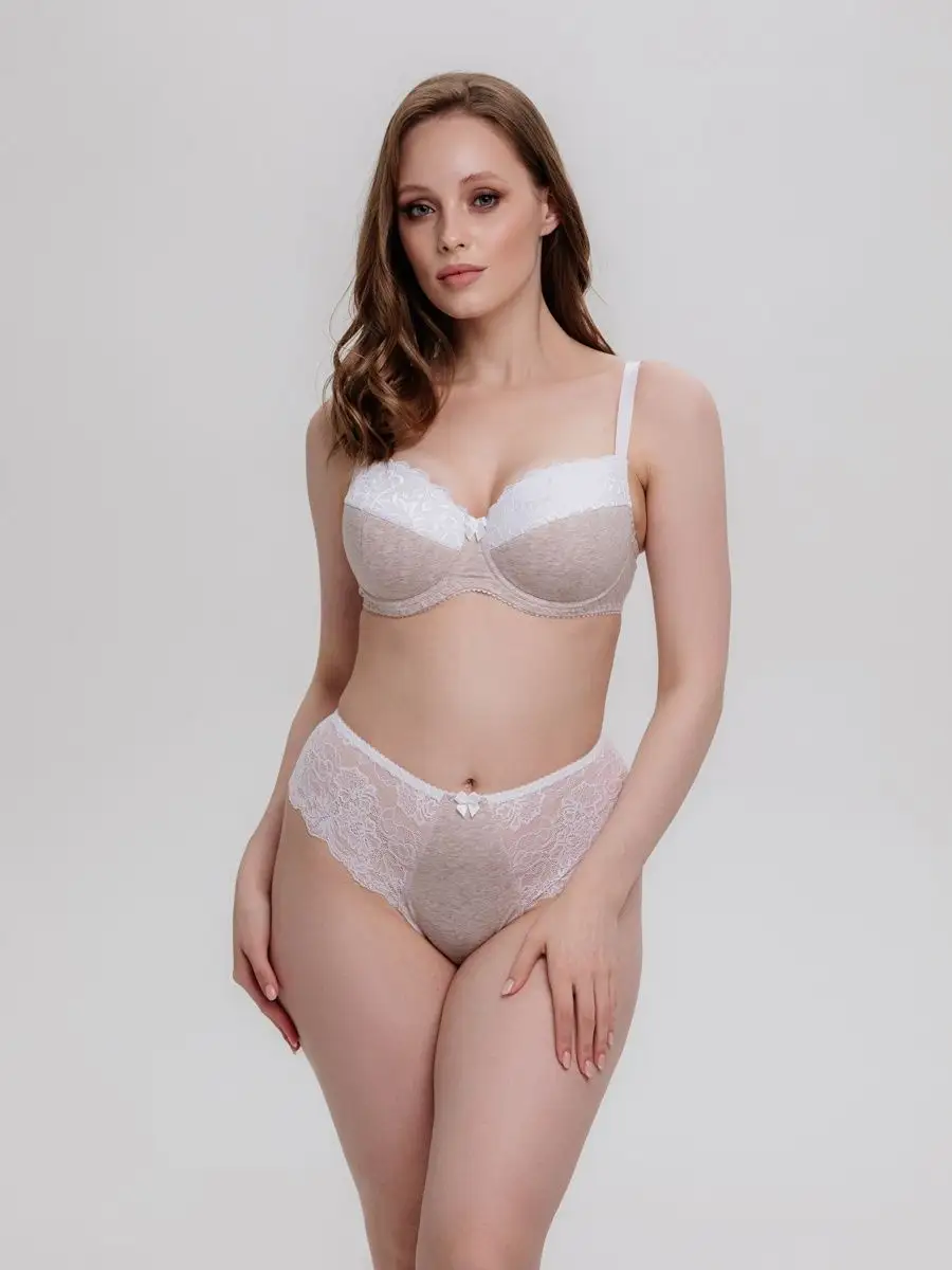 Трусы женские стринги кружево высокая талия для пышных форм бежевыймеланж/белый