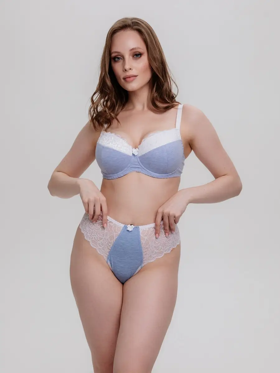 Трусы женские стринги кружево высокая талия для пышных форм голубоймеланж/белый