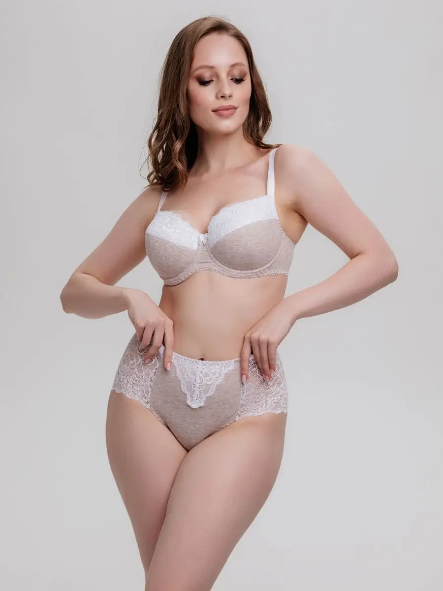 Трусы больших размеров высокие хлопок кружевные бежевыймеланж/белый