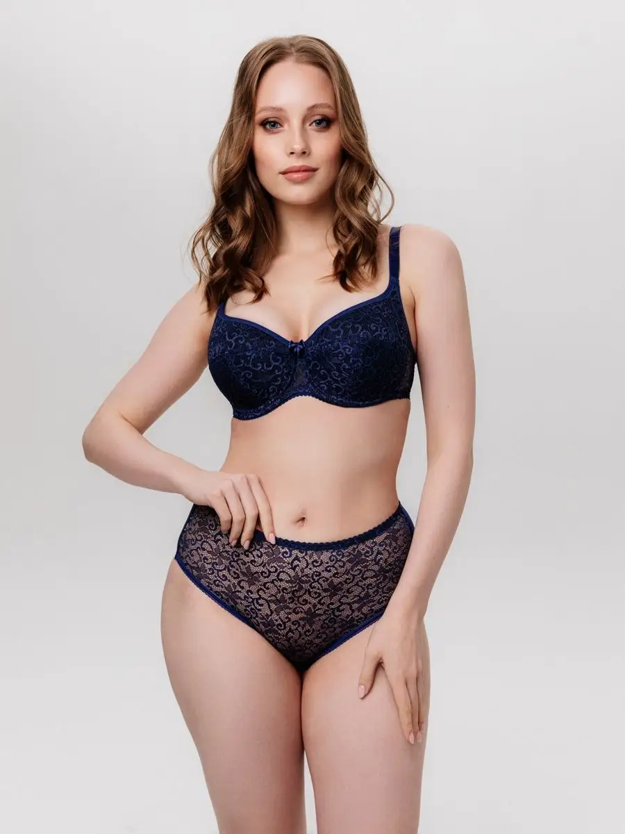 Трусы высокие хлопковые с кружевом синий