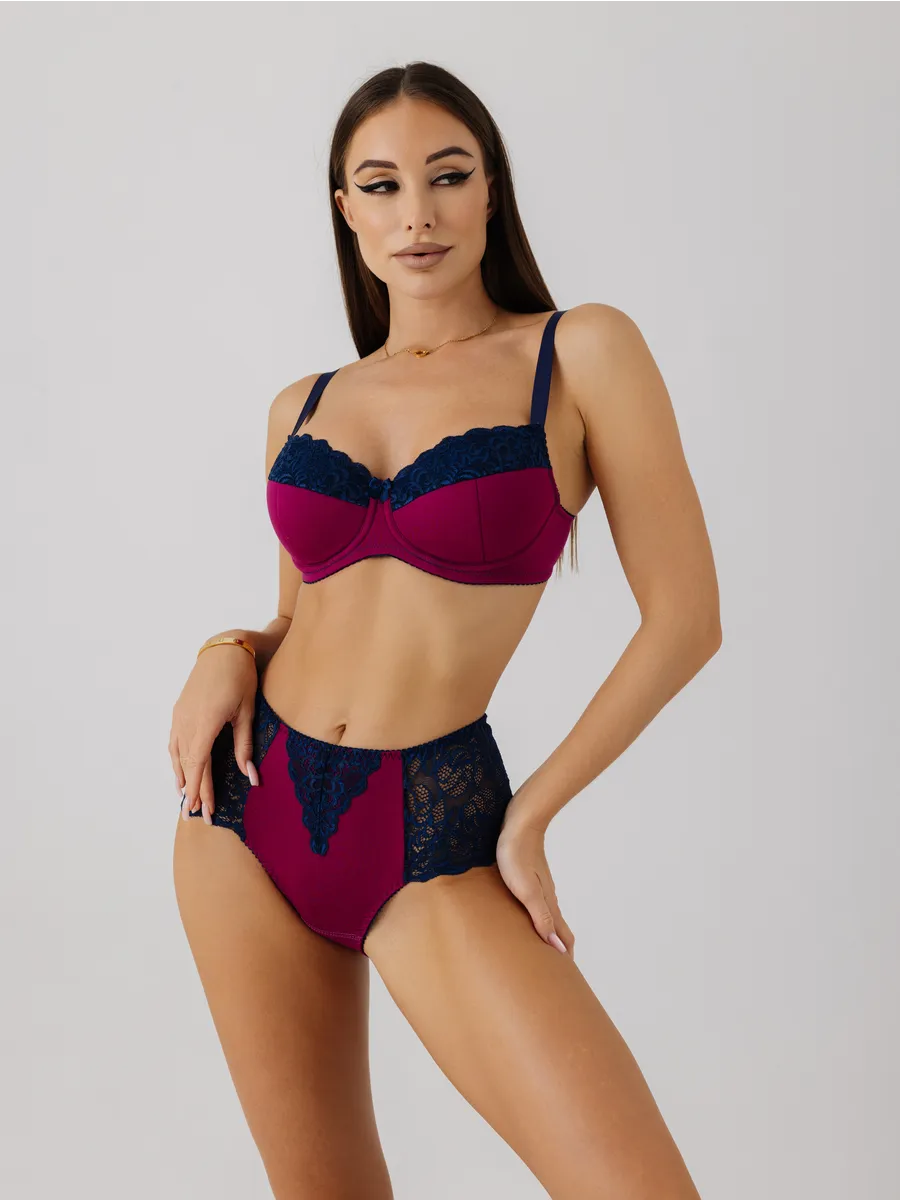 Набор комплект трусов слипы кружевные высокая талия сливовый/синий//сливовый/синий/