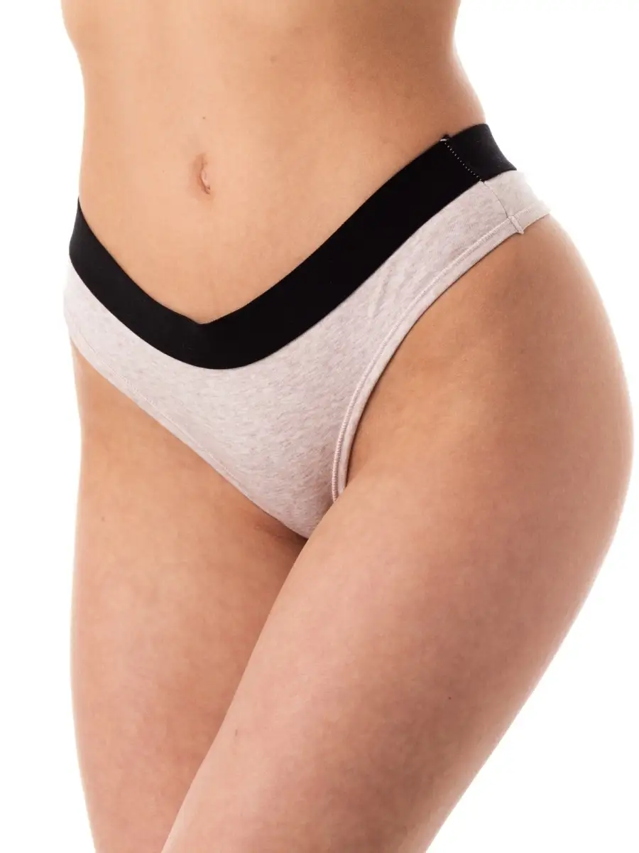 Трусы стринги спортивные с широкой резинкой хлопок бежевыймеланж/черный