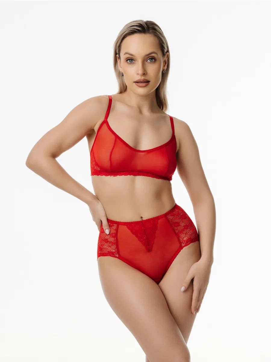 Трусы с высокой посадкой кружевные слипы красный