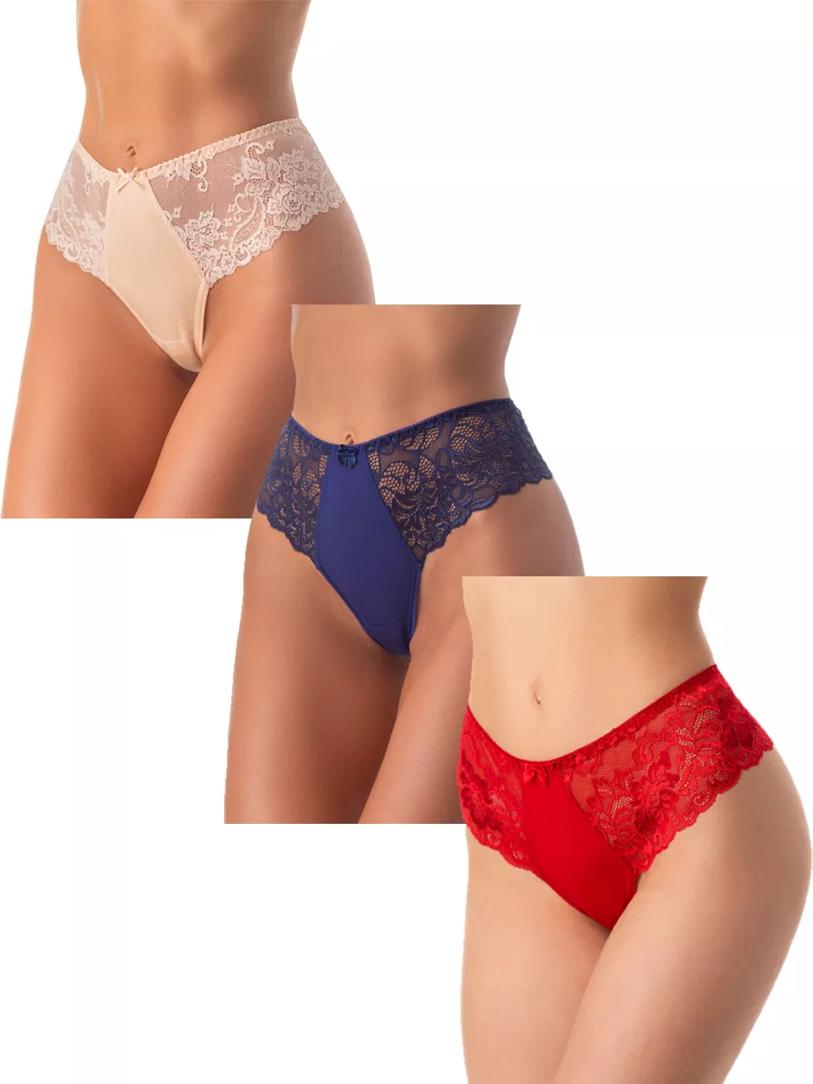 Трусы набор 3 шт кружевные стринги бразильяна бежевый/синий/красный