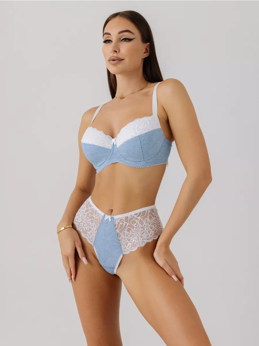 Трусы с высокой посадкой кружевные стринги бразильяна голубоймеланж/белый